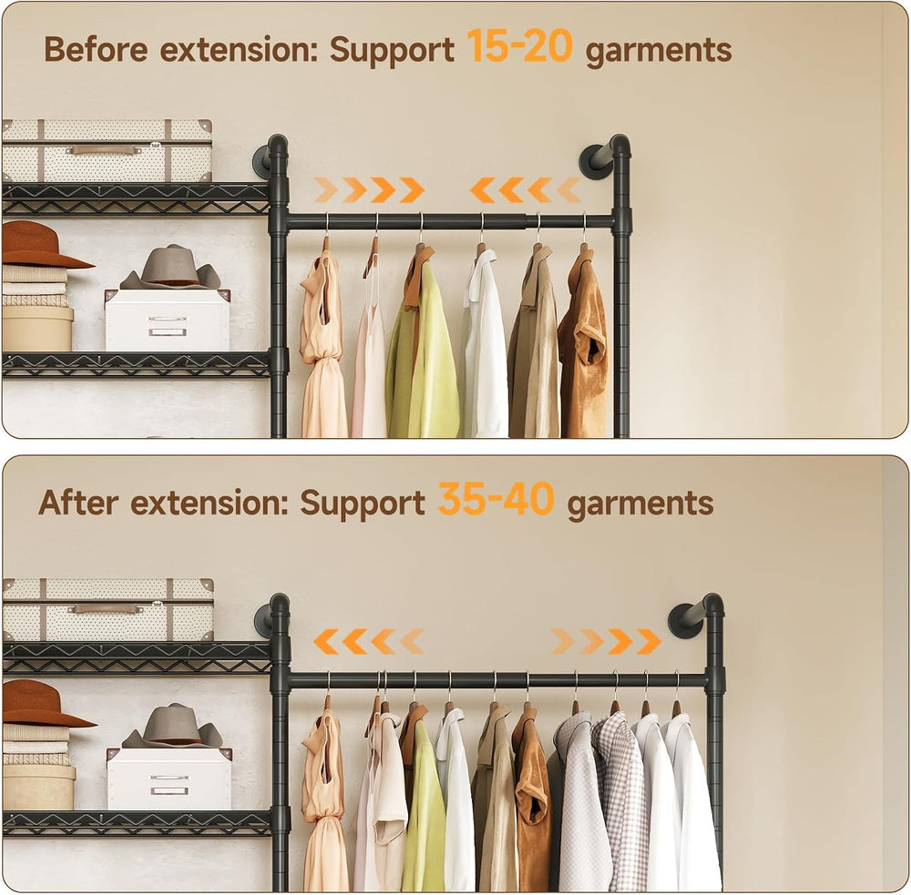 ONBRILL H6 Wall Mounted Closet System, Industrial Pipe Clothes Rack, Black
