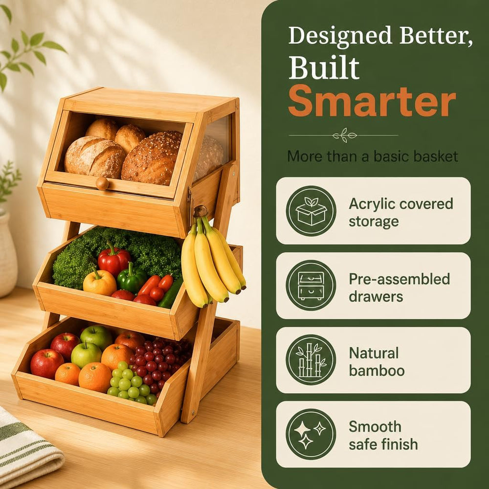 3-Tier Bamboo Basket with Preassembled Drawers, Acrylic Cover & Banana Ho...