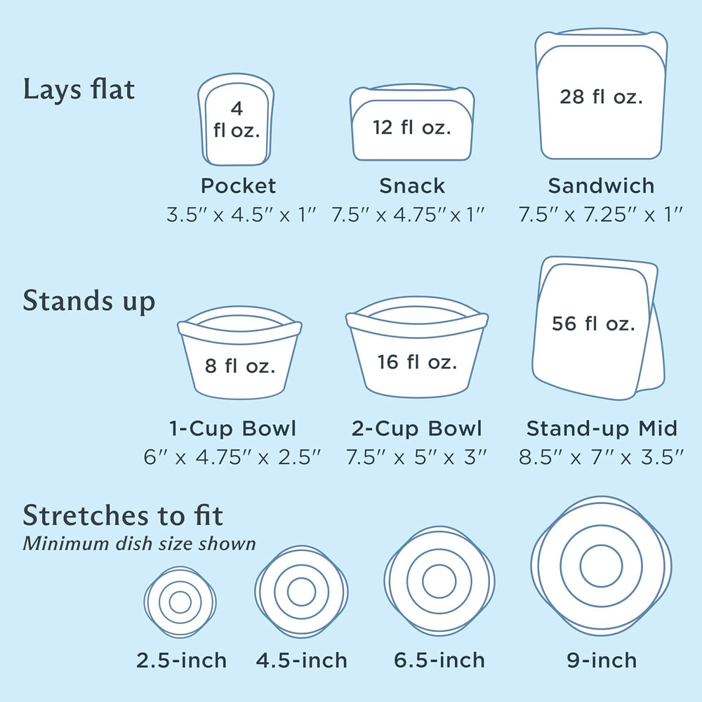 Stasher Reusable Silicone Bags and Stretch Lids, 10-Pack Starter Kit, Clear
