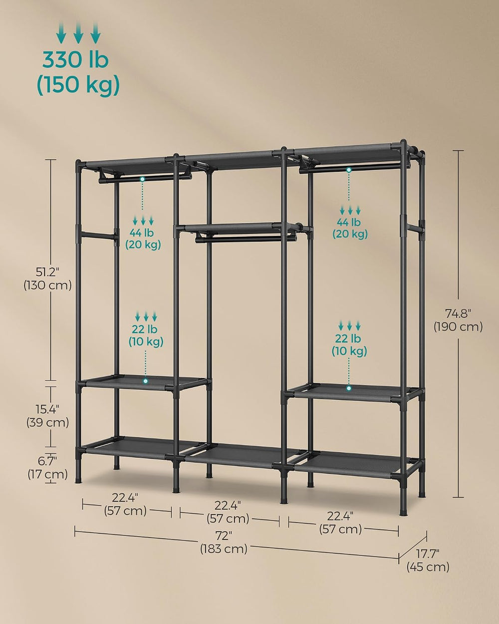 SONGMICS Clothes Rack, Heavy-Duty Wardrobe Closet Organizer