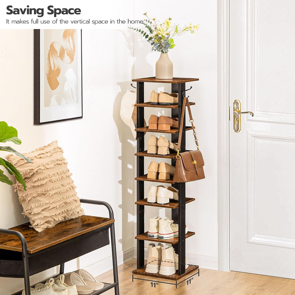 HOOBRO 8 Tiers Vertical Shoe Rack, Wooden Shoe Storage Organizer with Hooks, ...