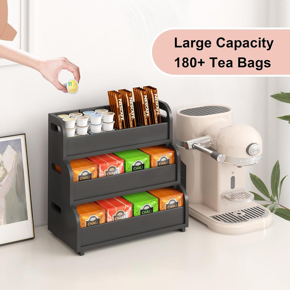 3-Tier Bamboo Tea Bag Organizer, Stackable Tea Holder for Countertop, Black