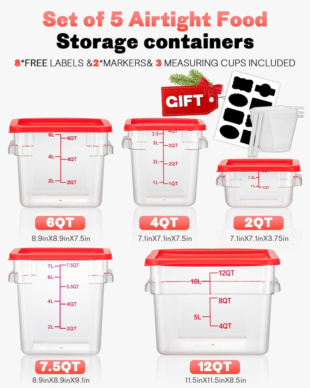 4QT 4PCS NSF Commercial Clear Food Storage Containers with Lids(RED)