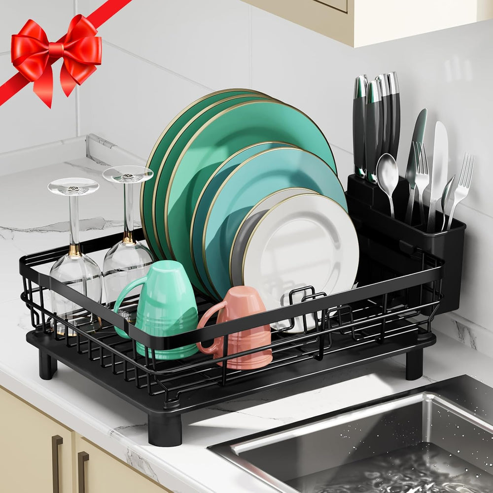 MOUKABAL Dish Drying Rack with Drainboard for Kitchen Counter, Black