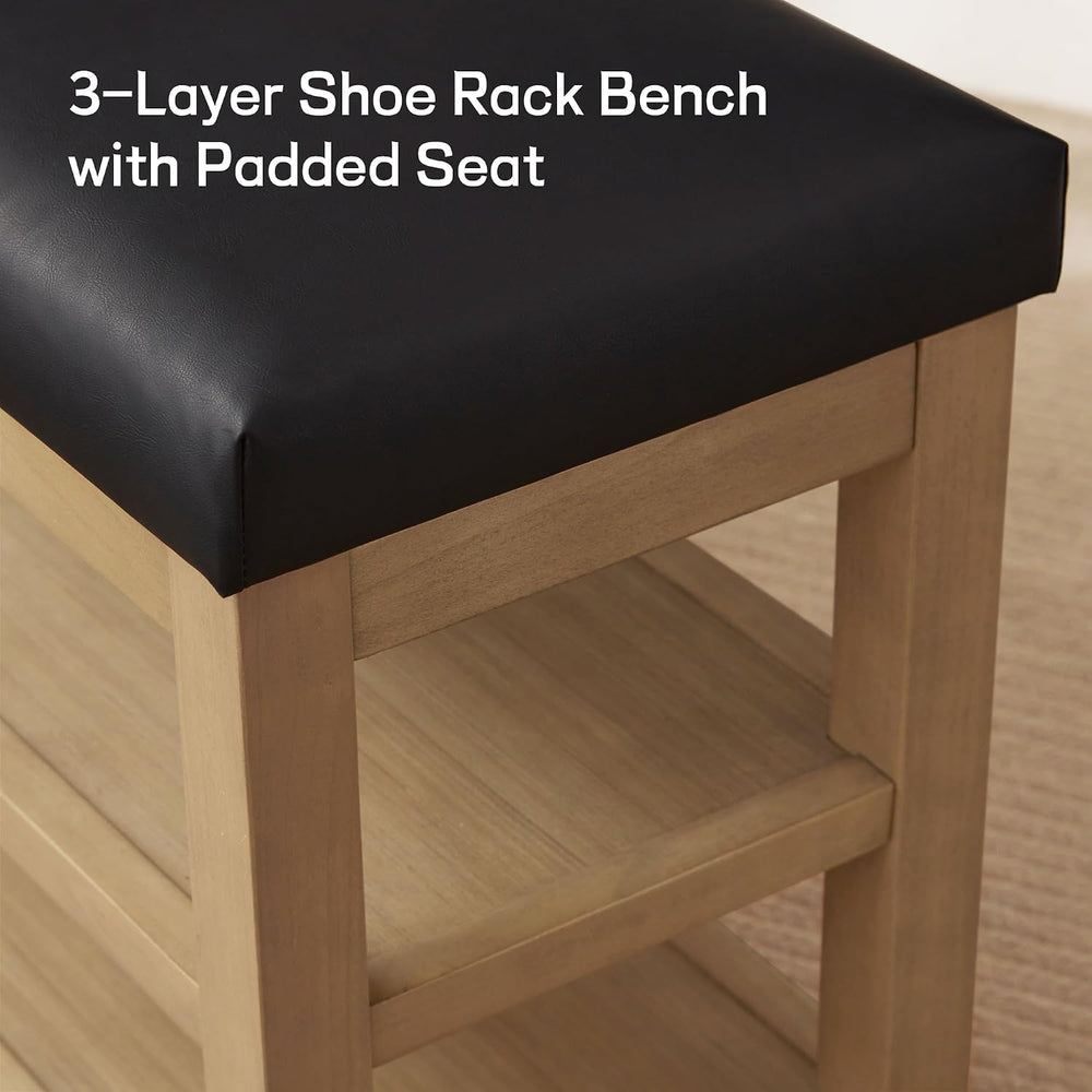 Zihanhome Shoe Rack Bench with Leather Cushion, 2 Tier Solid Wood Storage Ben...
