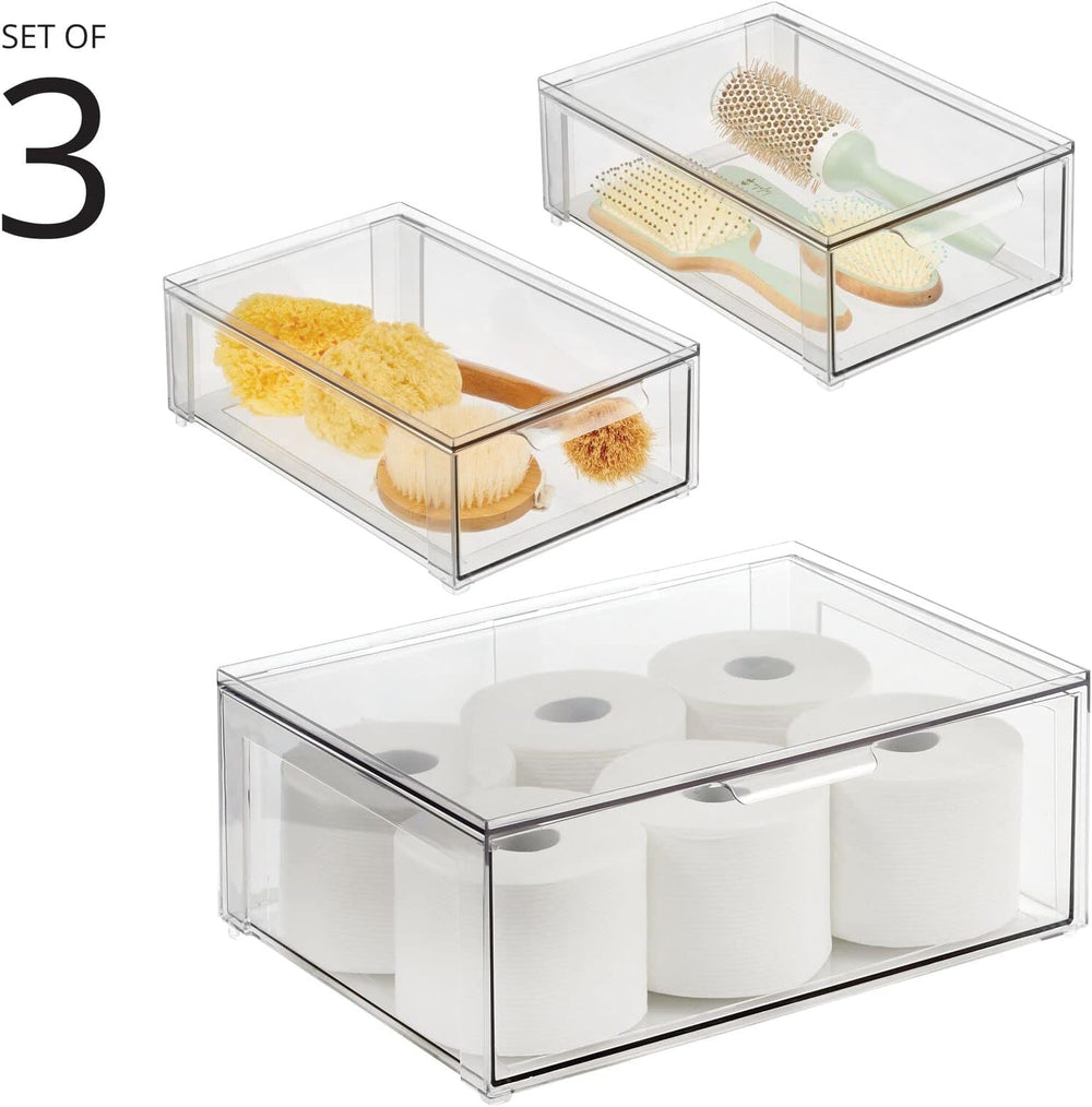 mDesign Plastic Stackable Bathroom Storage Organizer Bin Containers with Fron...