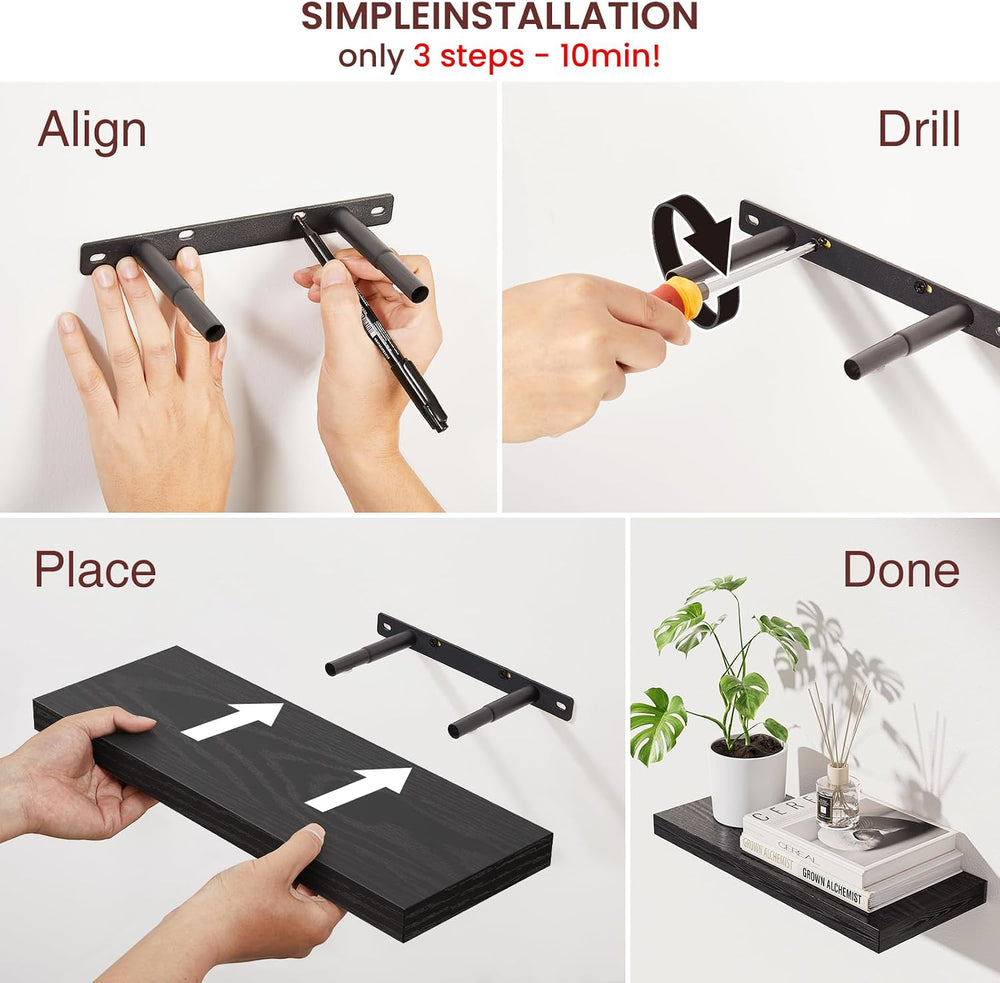 BAYKA Black Floating Shelves 15.7in, Set of 4, Wall Mount Rustic Wood Shelf