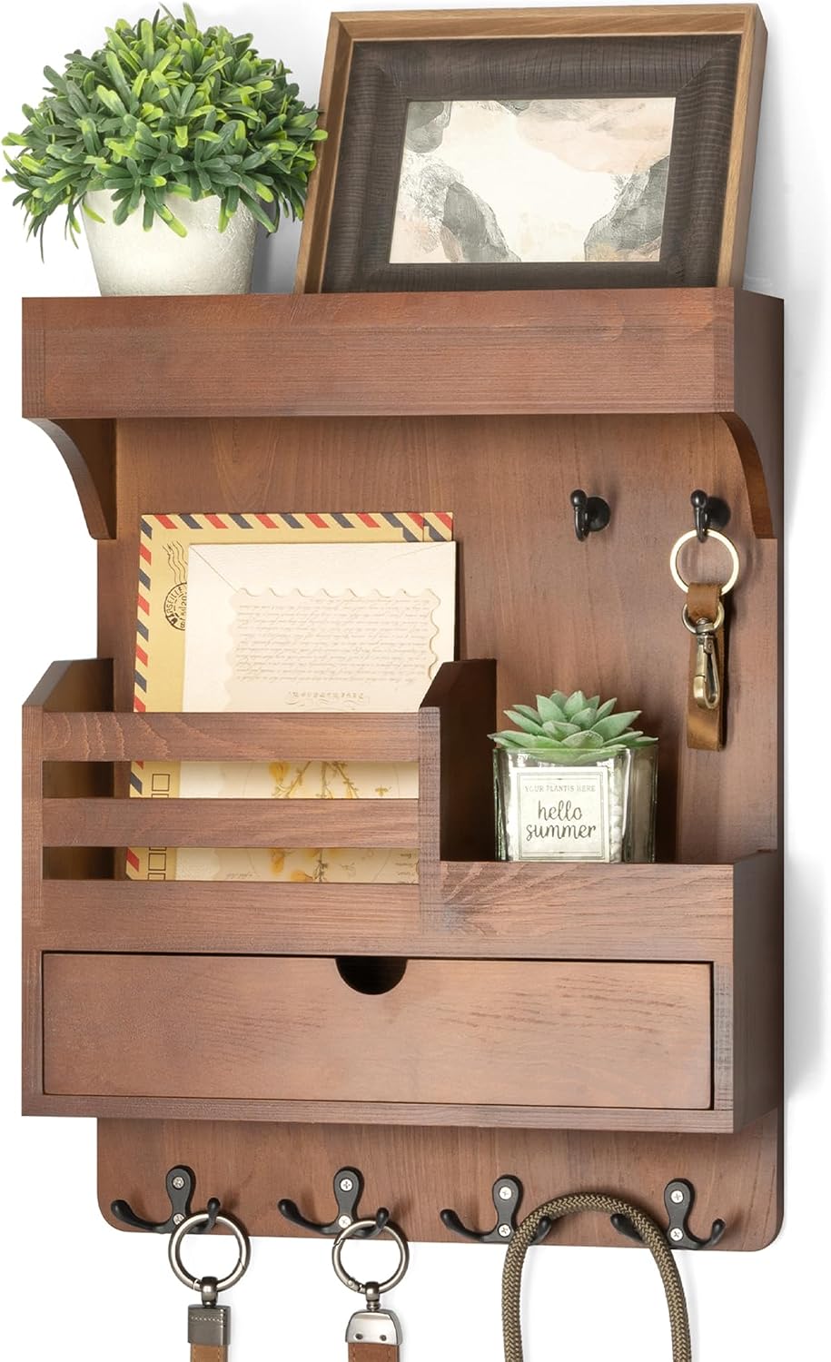 Rebee Vision Key Holder Wall Mount with Drawer Organizer for Entryway,Brown