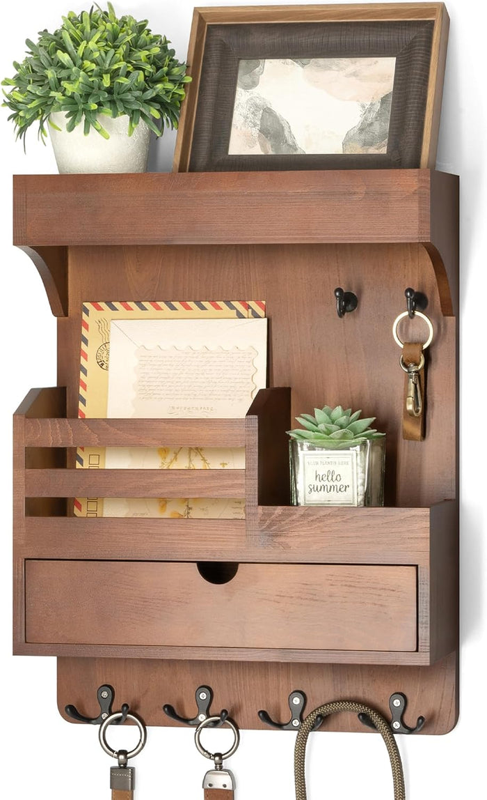 Rebee Vision Key Holder Wall Mount with Drawer Organizer for Entryway,Brown