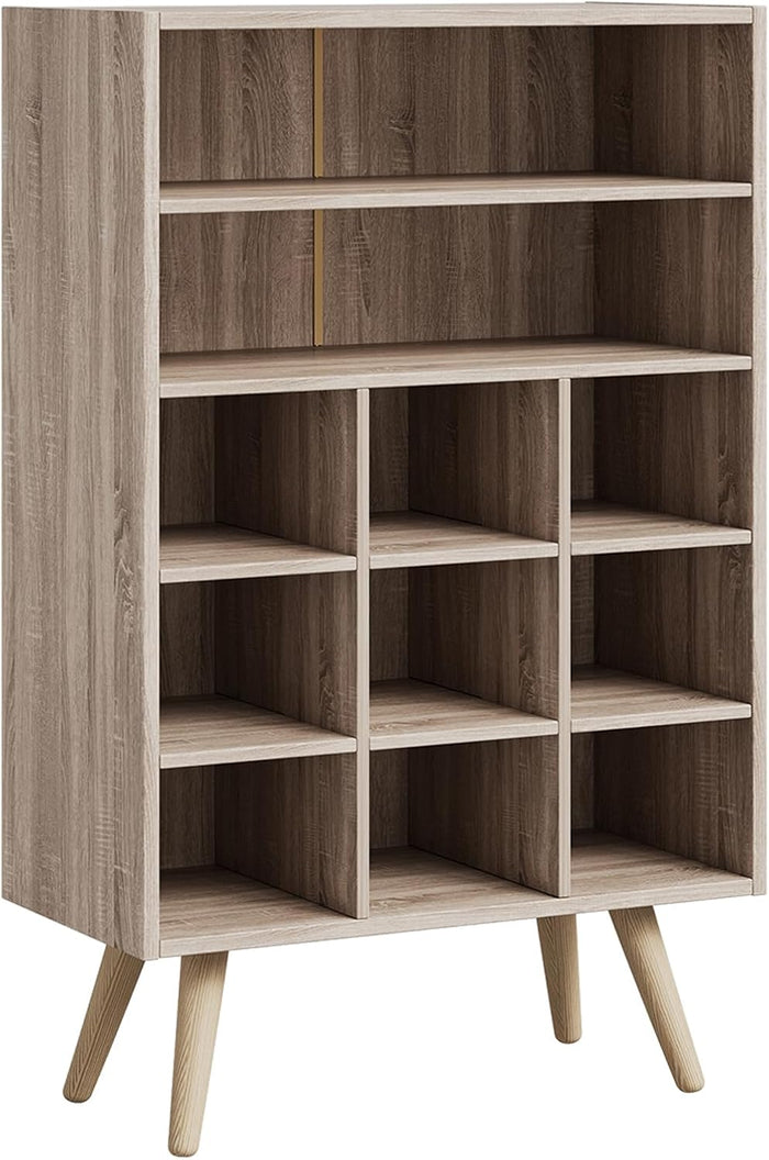 5 Tiers Wood Shoe Rack with Legs, Stackable Shoe Cubby with 2 Storage Shelves & 9-Cube, Shoe Rack Organizer for Entryway, Holds 10-15 Pairs, Freestanding Shoe Stand for Closet, Apartment, Natural