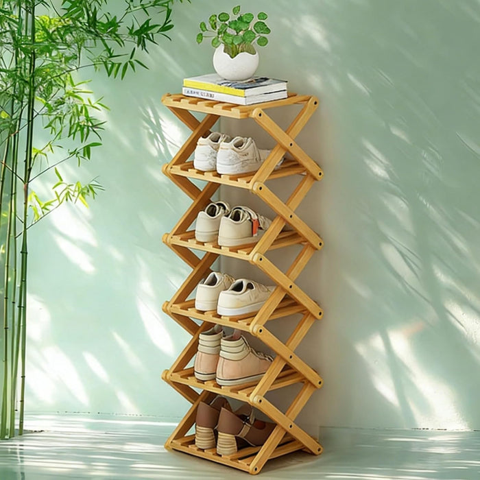 The 9-Tier No-Assembly Bamboo Rack, 7 Tier Bamboo Shoe Rack, Foldable Bamboo Shoe Rack, Without Installation Free Standing Shoe Rack for Corridors, Bedrooms Living Room Corner (Nature, 6Tier)