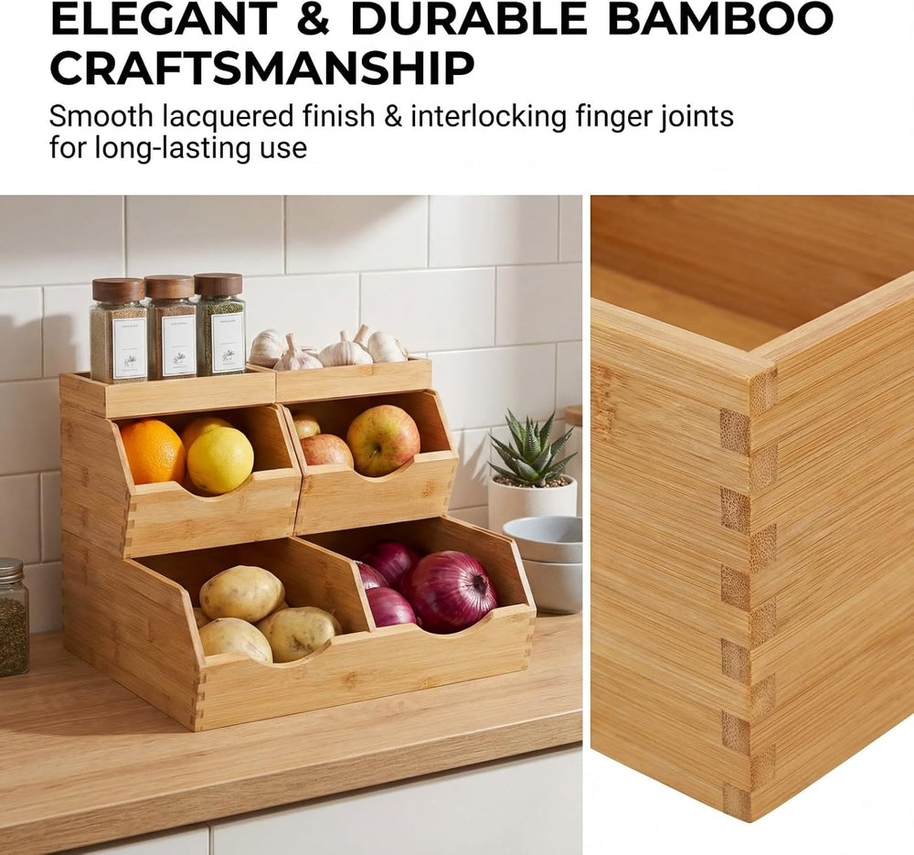 Bamboo Pantry Storage Bins Set 5 Pieces - Stackable Baskets, Potato and Onion...
