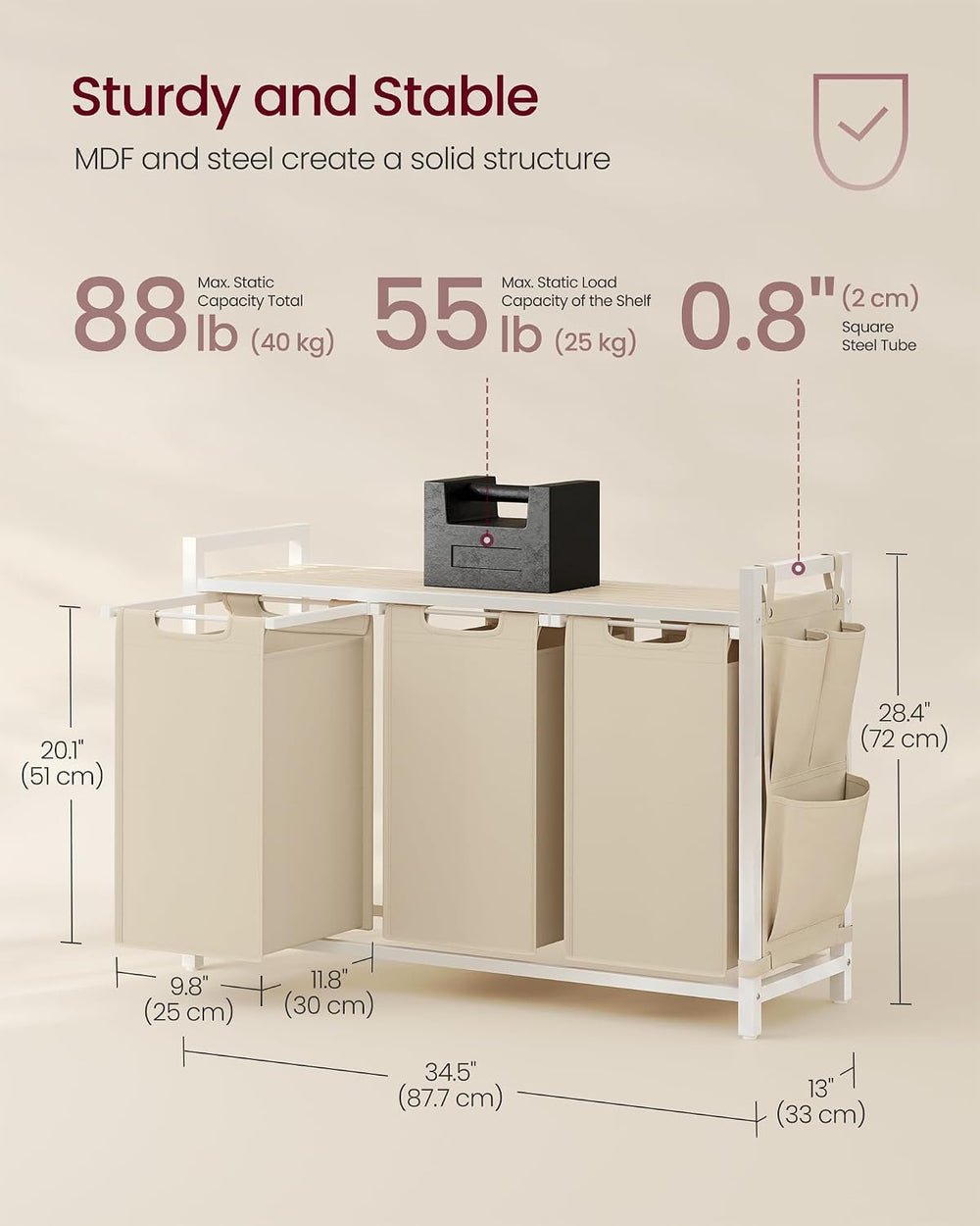 VASAGLE Laundry Hamper with Shelf, 3 Pull-Out Bags, 3 x 10.6 Gallons (40 L)