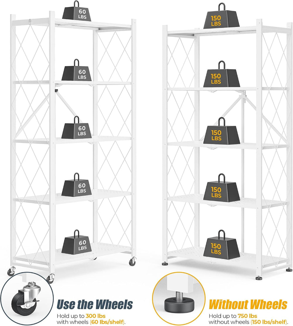5-Tier Folding Metal Storage Rack - 63" Heavy-Duty Steel Frame with Whee...