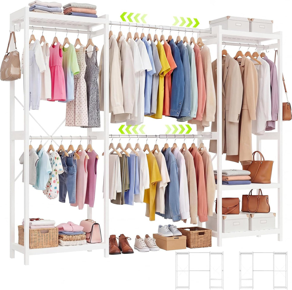 Homykic Bamboo Clothing Rack, 74”-88” Expandable Closet System, White