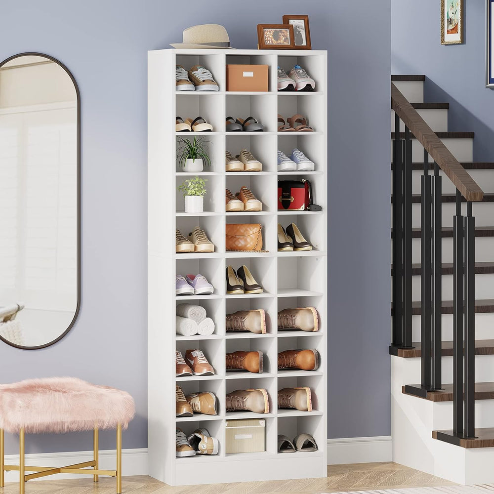 Tribesigns 10-Tier Shoe Storage Cabinet, White Wooden Shoe Rack with 30 Cubbi...