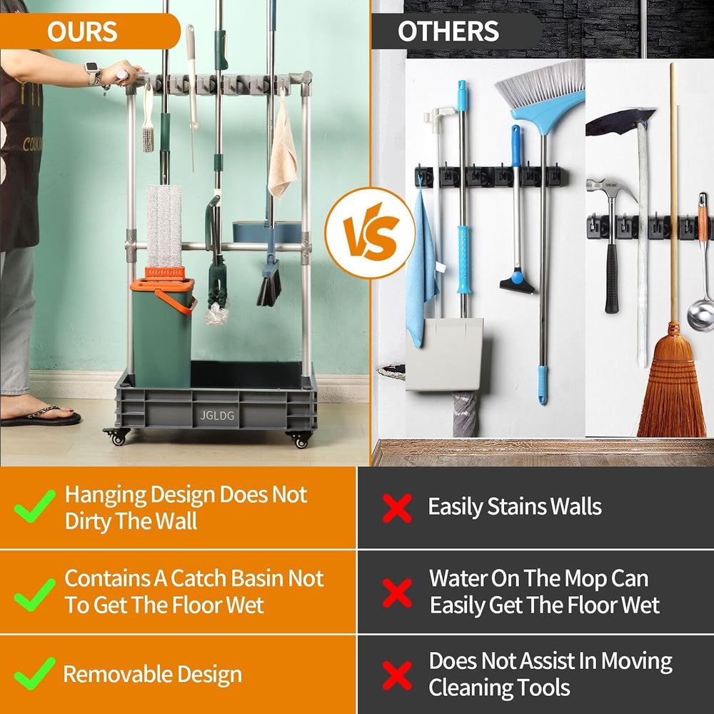 Broom mop Holder Cleaning Supplies Organizer Janitor carts on Wheels Housekee...