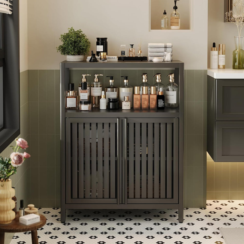 Bamboo Bathroom Storage Cabinet Furniture, Bathroom Floor Cabinet with 2 Shut...
