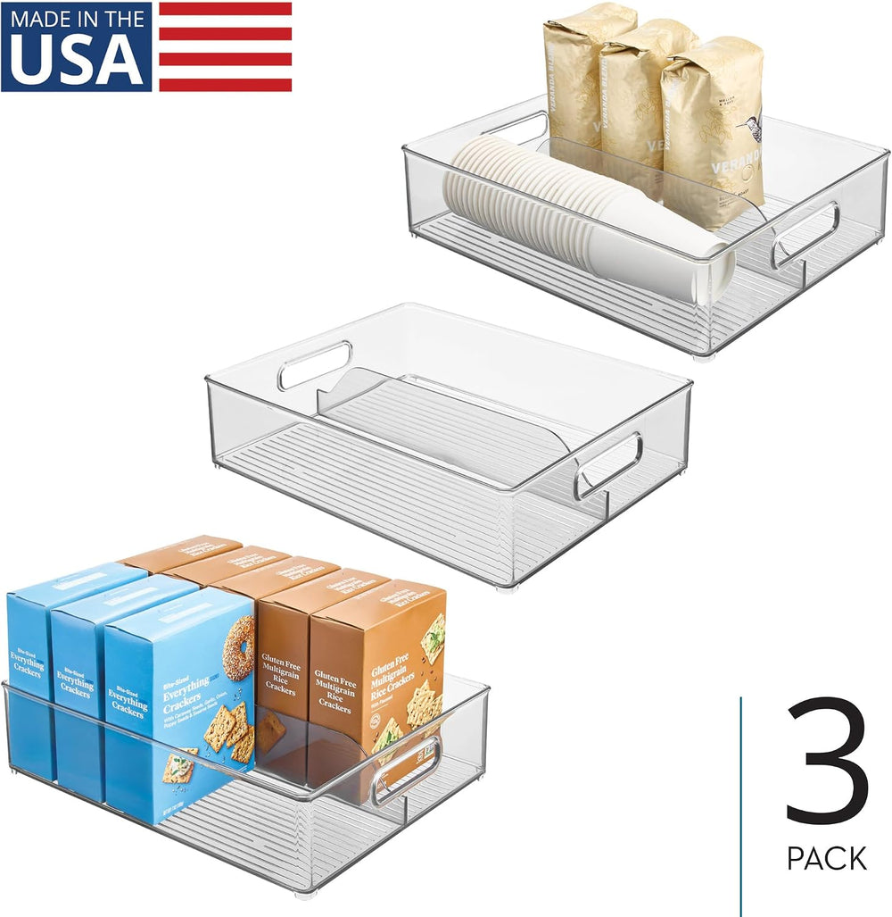 iDesign Divided Pantry Bin with Handles, Set of 3, Clear