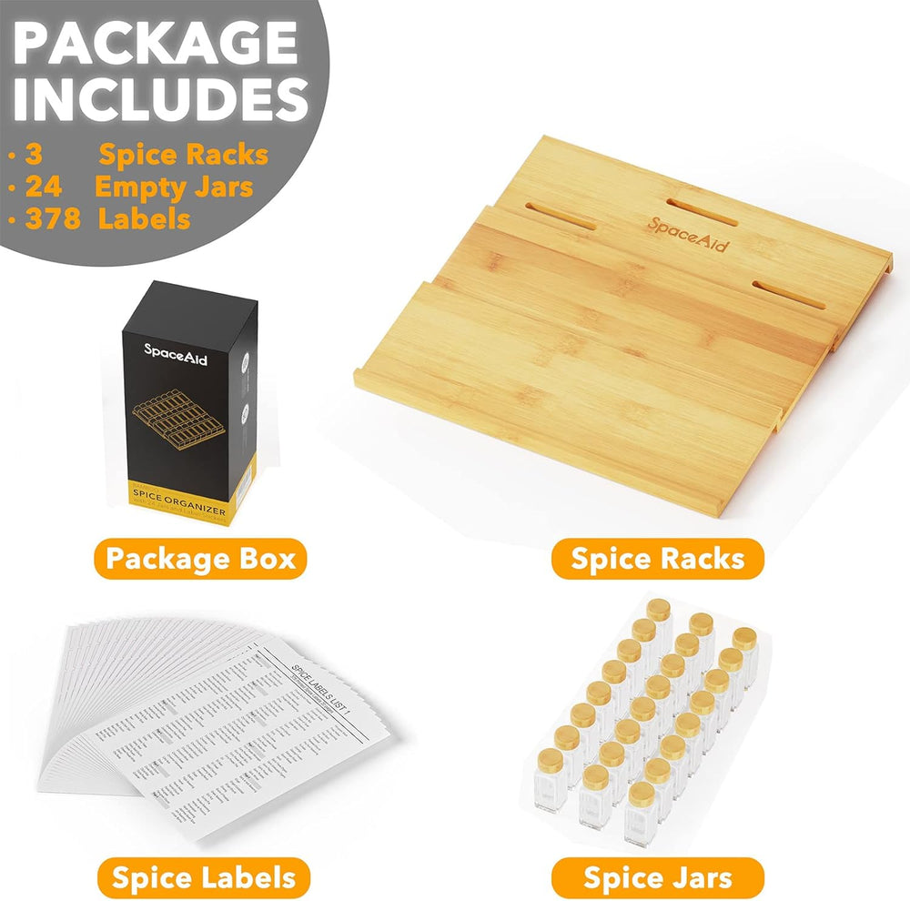SpaceAid Bamboo Spice Drawer Organizer with 24 Spice Jars, 378 White Minimali...