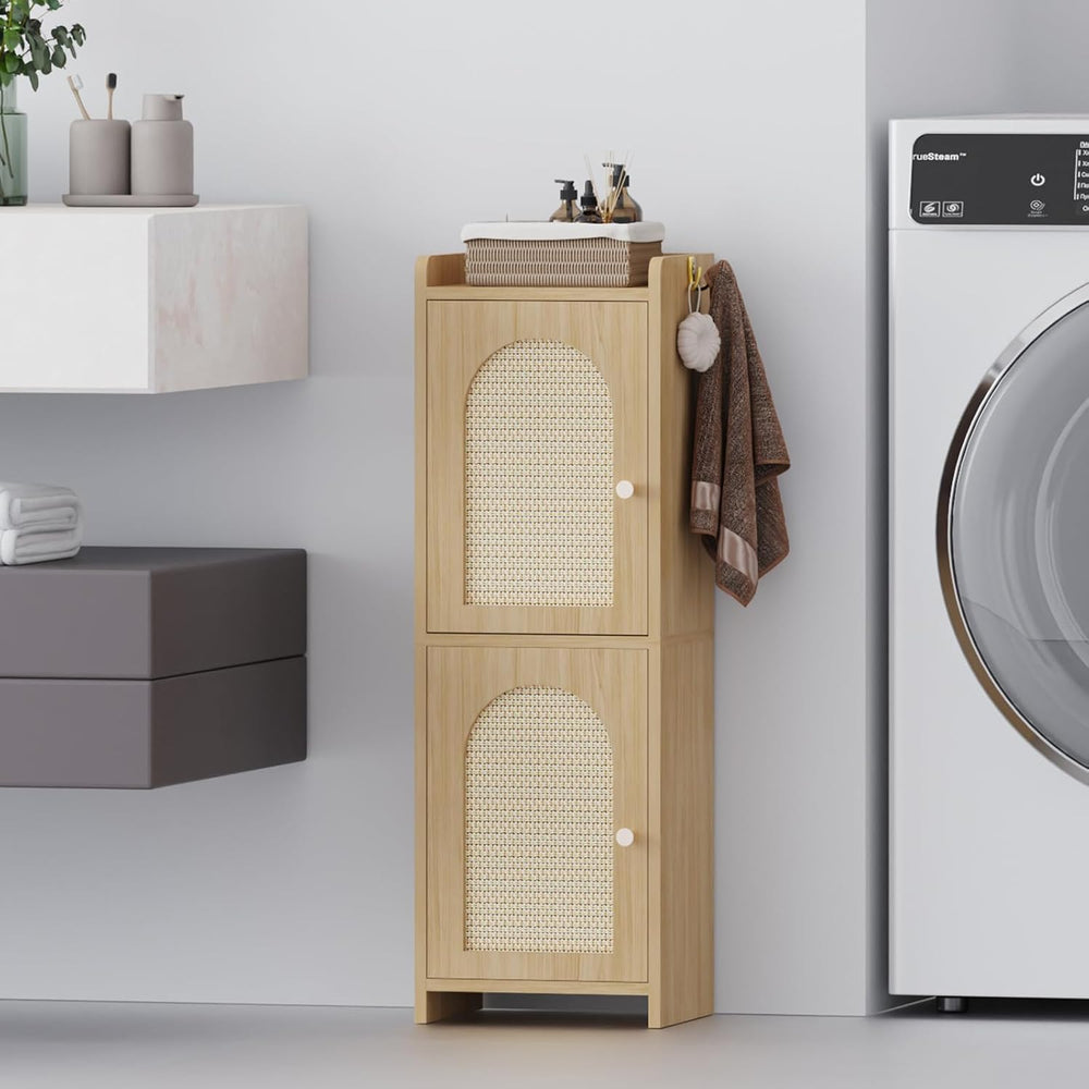 Rattan Bathroom Small Storage Cabinet with 2 Doors and Adjustable Shelf Oak