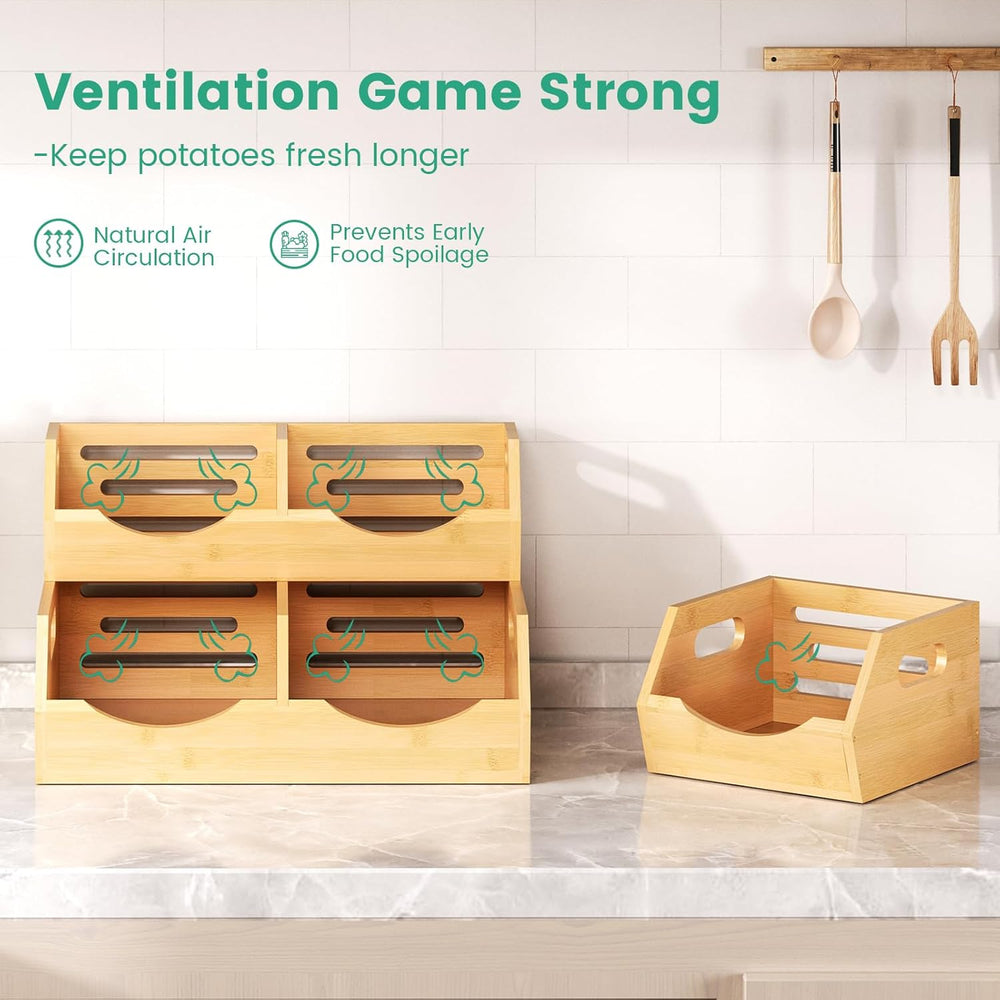 Onion Storage Bins Potato, 3 Tier Bamboo Pantry Storage Bin Stackable Ventila...