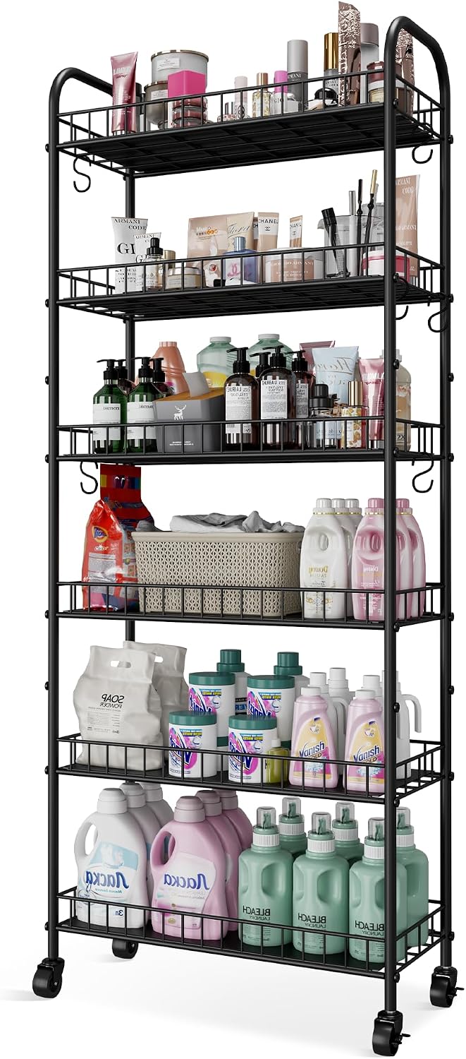 6 Tier Slim Storage Cart with Wheels, Metal Mobile Shelving Unit Organizer Ut...