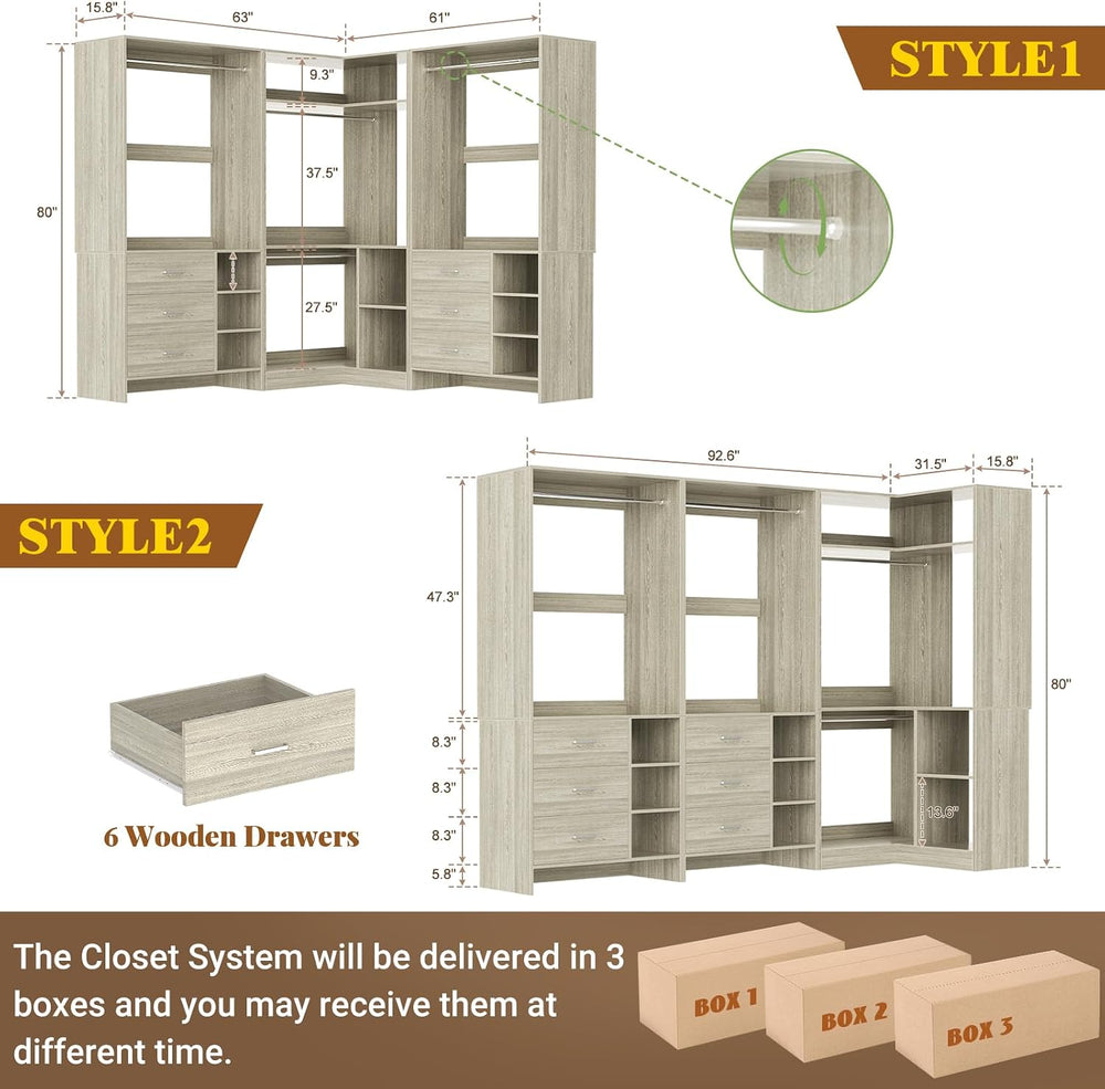 Aheaplus Closet System with 6 Drawers, 4 Hanging Rods & Corner Tower, Cor...