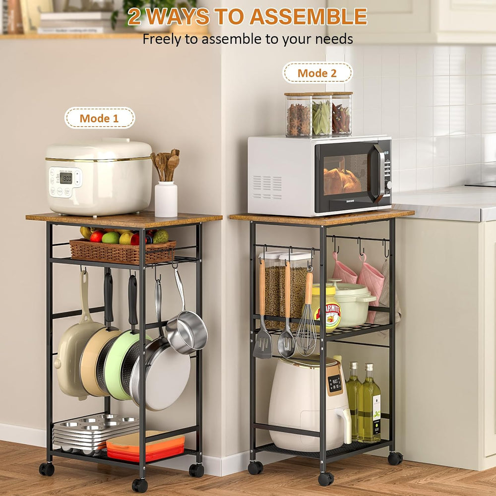 ThreeHio Rolling Kitchen Microwave Cart, 3 Tier Microwave Table Stand with Ad...