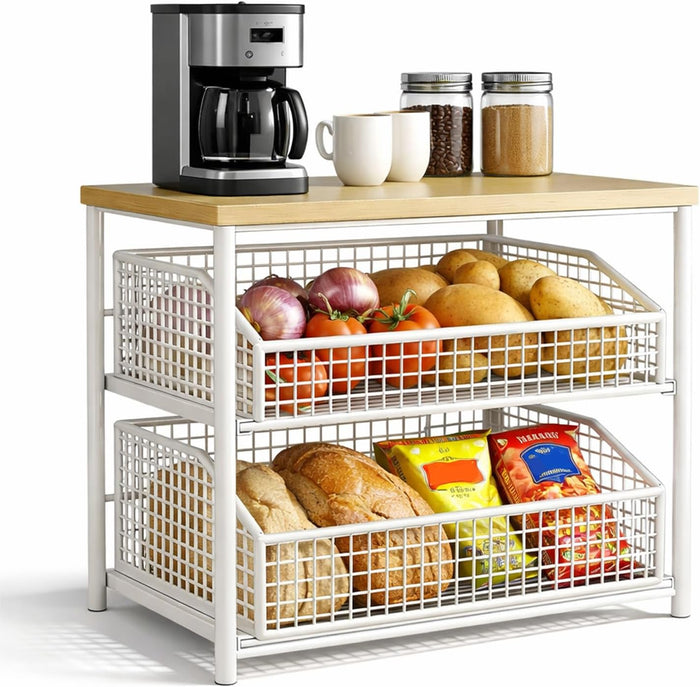 Kitchen Countertop Organizer with Drawer & Wire Basket, 3-Layer Fruit Storage Basket Snack Rack Hardwood, Desktop Pull-Out Metal Organizers for Coffee Maker Microwave Toaster & Spices (3-Layer White)