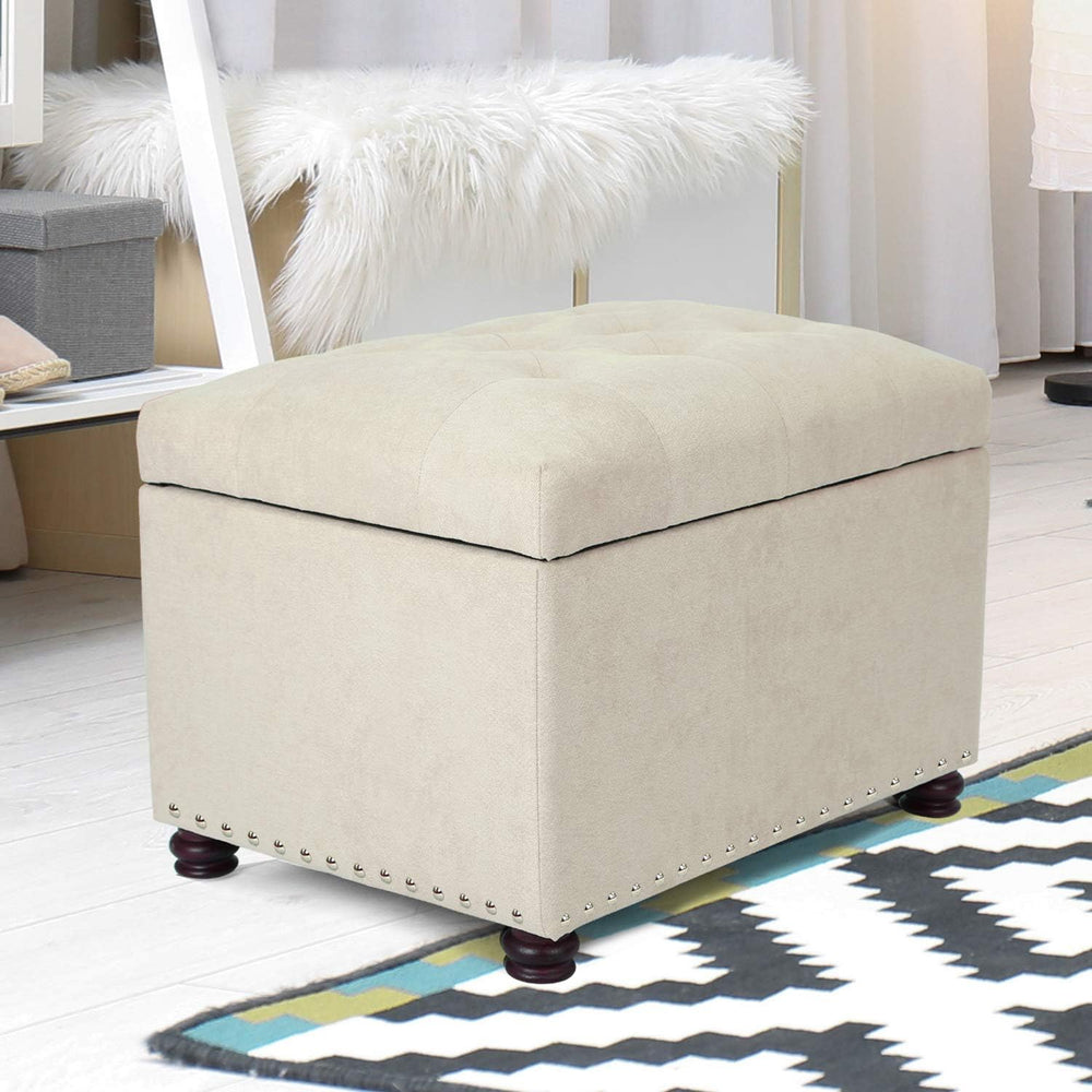 Beige Ottoman with Storage,24" Fabric Ottoman for Living Room