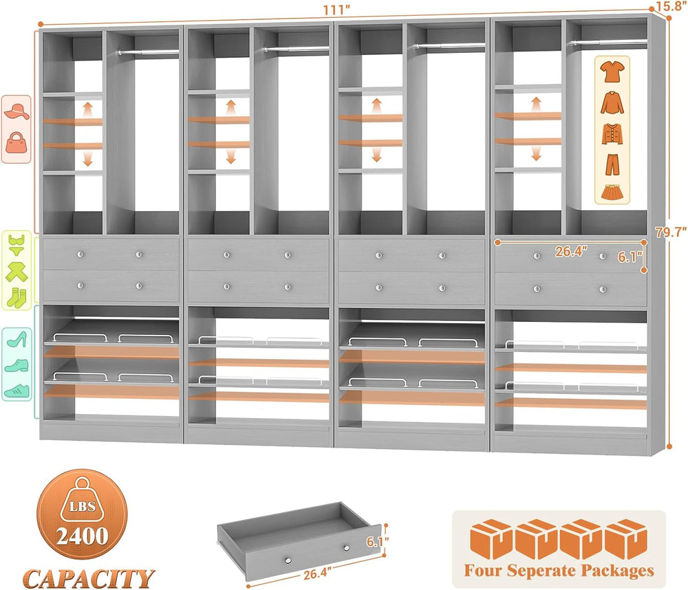 Besiost Closet System, 112"/9.3 FT Closet Organizer System with 8 Drawer...