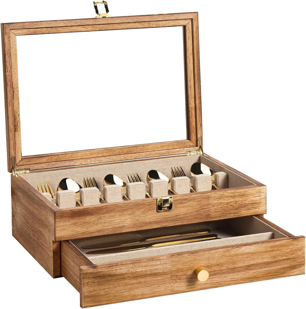 Silverware Box, 2-Layer Wooden Silverware Storage Box with Glass Lid, 14.5×10...