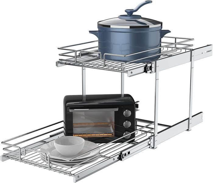2 Tier Pull Out Cabinet Organizer, 20" W x 21" D Heavy-Duty Metal Sliding Drawer Shelf for Kitchen Cabinets, Chrome, Doesn't Include Door Fittings