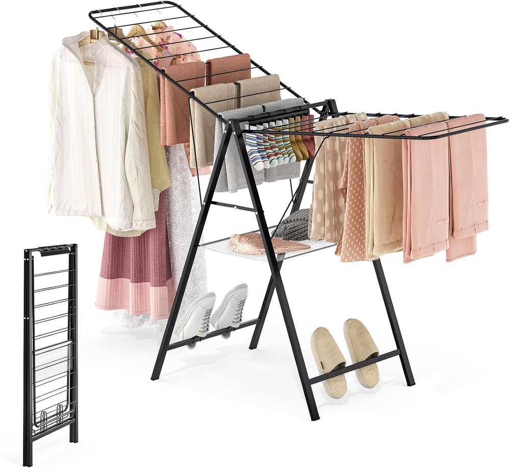 APEXCHASER 6 Height Adjustable Clothes Drying Rack with Shoe Slots, Black