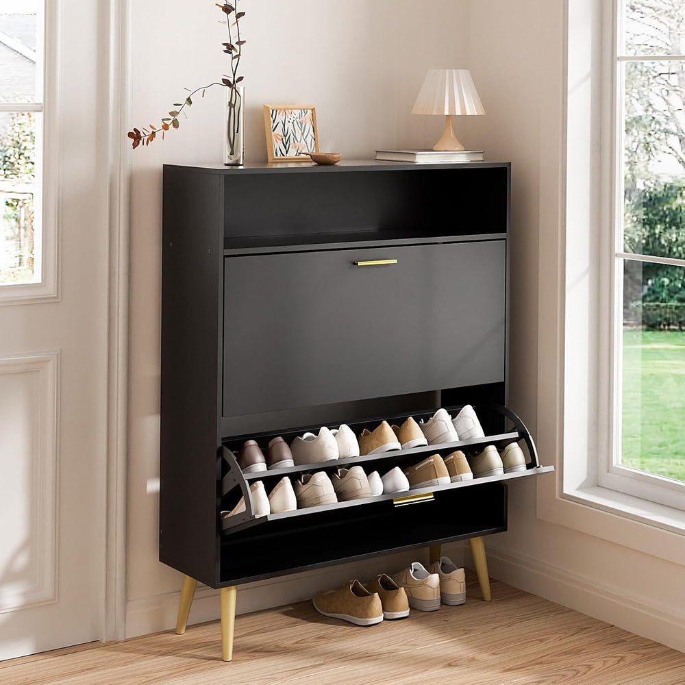 LYNSOM Modern Entryway Shoe Cabinet with 2 Flip Drawers and Open Storage, Bla...