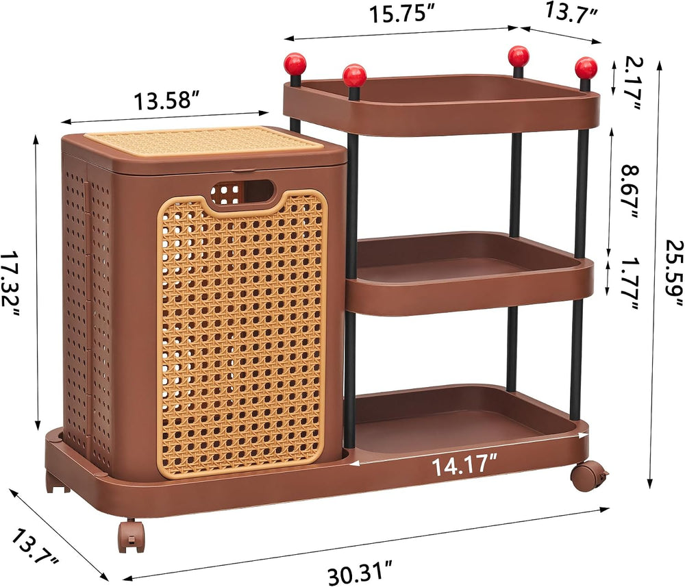 VECELO Rattan-Style Rolling Laundry Hamper Cart, 3-Tier Storage Shelf with Wh...