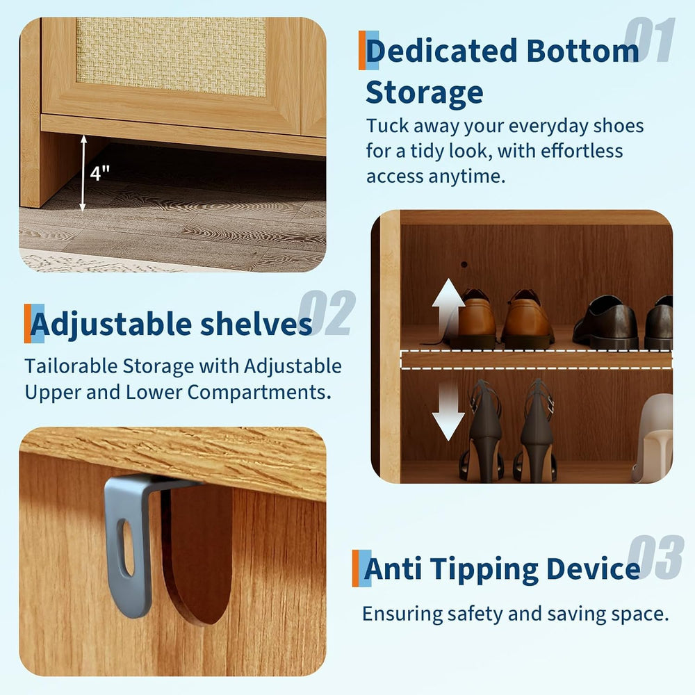 3 Door Rattan Shoe Cabinet for Entryway, Freestanding Wooden Shoe Rack with A...