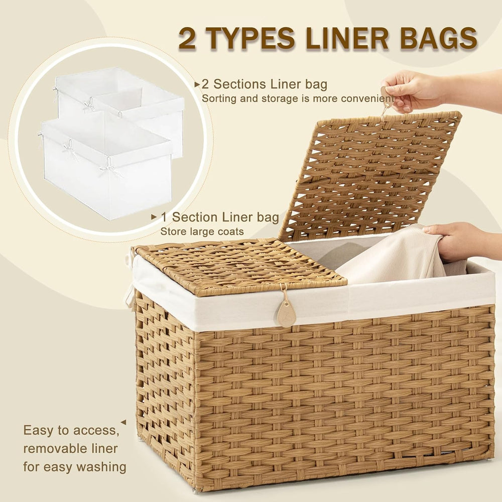 Storage Basket with 2 separate Lid, 105L Handwoven Rattan Shelf Basket with C...