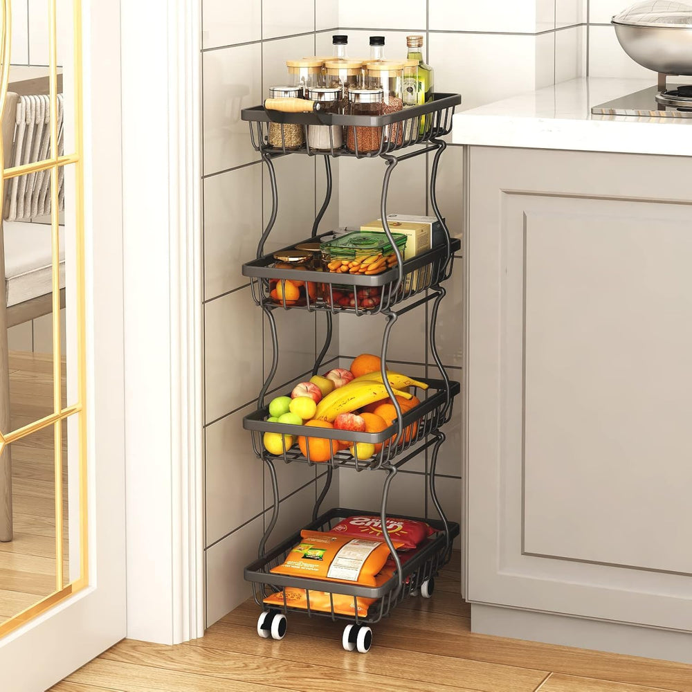 4 Tier Stackable Fruit Vegetable Storage Basket Kitchen Rolling Cart