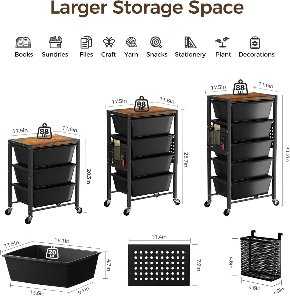 Rolling Cart with 3 Drawers, Plastic Drawer Storage Carts with Lockable Wheel...