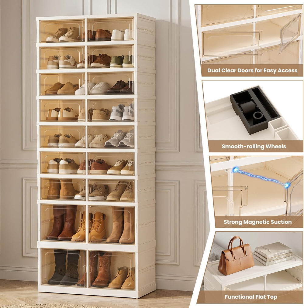Foldable Shoe Rack, 9-Tier Shoe Storage Cabinet with Clear Doors for Closet