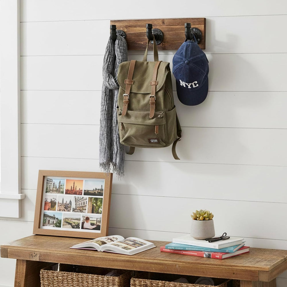 MyGift Wall Mounted Burnt Wood Coat & Hat Rack with 3 Hooks, Pipe Design