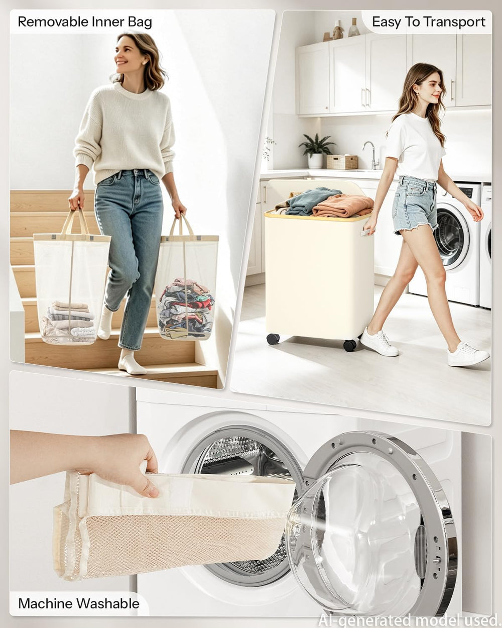Double Laundry Basket with Wheels and Lid, 150L Clothes Hampers for Laundry