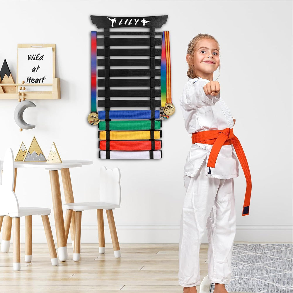 Karate Belt Display Rack with Stickers, Martial Arts Belt Display Holder, Tae...
