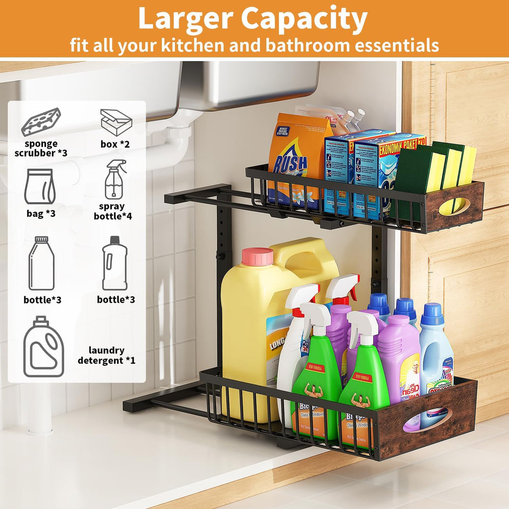 2-Tier Under Sink Organizer with Wooden Drawer Handle, 2 Pack Adjustable Heig...