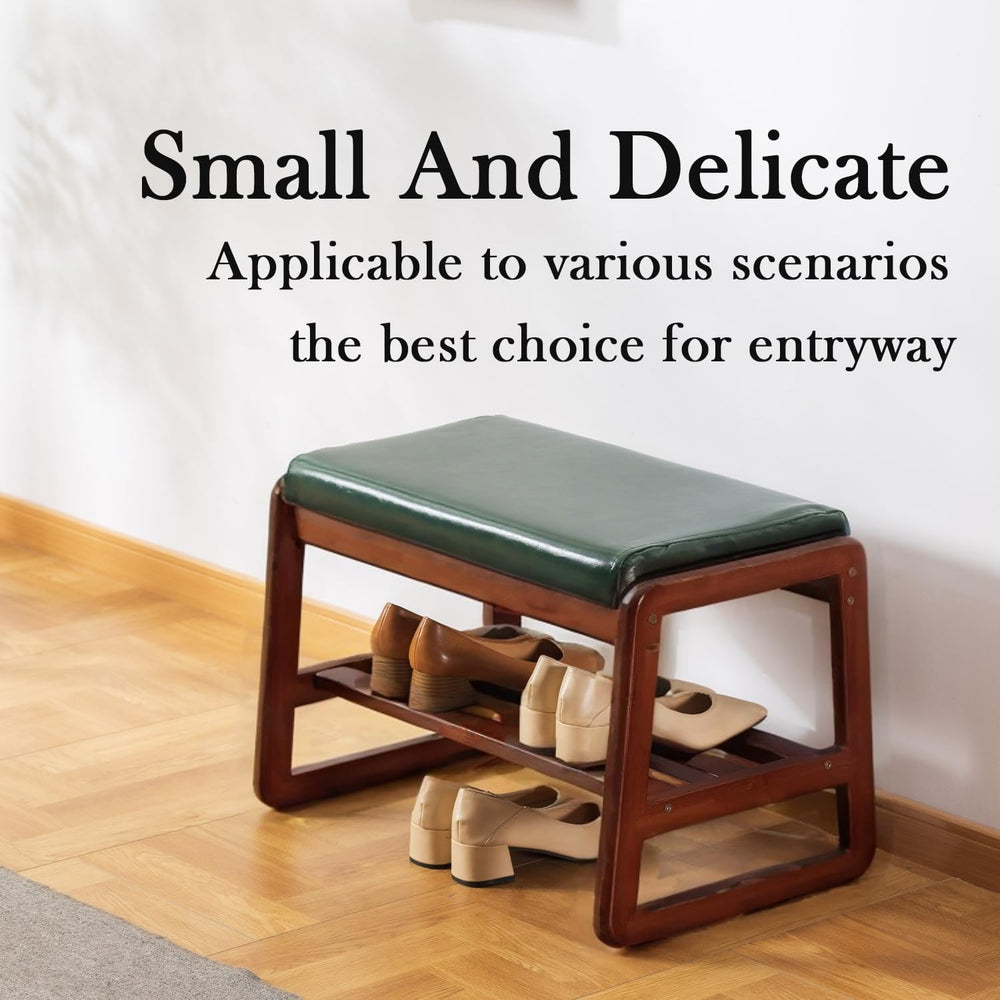 latifolia Solid Wood Bench, Entryway Shoe Bench with Cushion, 2 Tier Shoe Sto...
