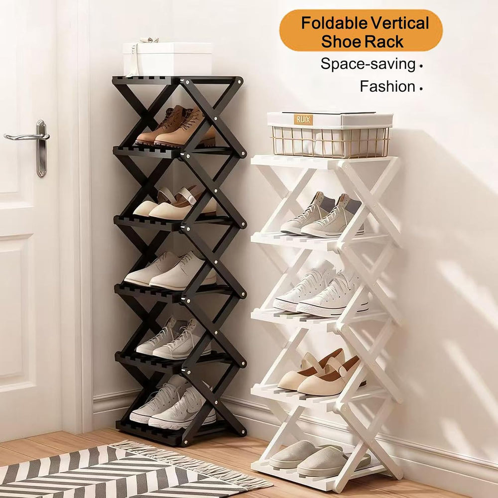 Vertical Narrow Shoe Rack White, 7 Tier Portable Folding Shoe Storage Rack, W...