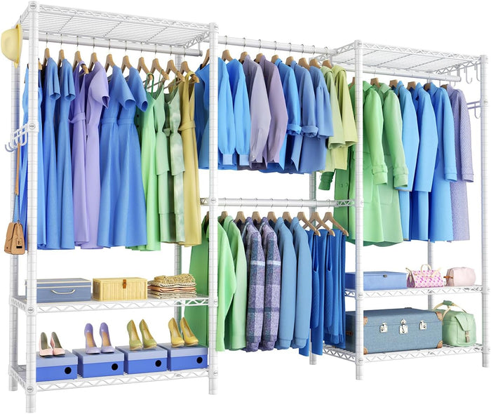 Clothing Rack for Hanging Clothes: Heavy Duty Clothes Rack, 71.5-91" W Expandable Large Closet Storage System with Shelves, 1280 lbs Freestanding Modular Wardrobe Organizer, White
