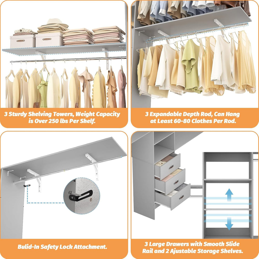 Armocity 120 Inches Closet System, 10FT Walk In Closet Organizer with 3 Shelv...